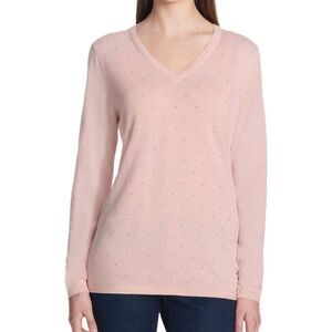 DKNY Jeans Women's XL Pink V-Neck Rhinestone Knit Sweater Long Sleeve Ribbed